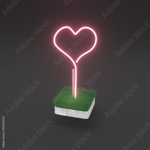Grass block and neon heart it. Modern cover design. 3d illustration.
