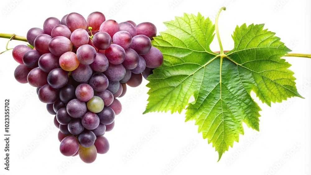 Obraz premium Grapes and green leaf hanging from vine on white background