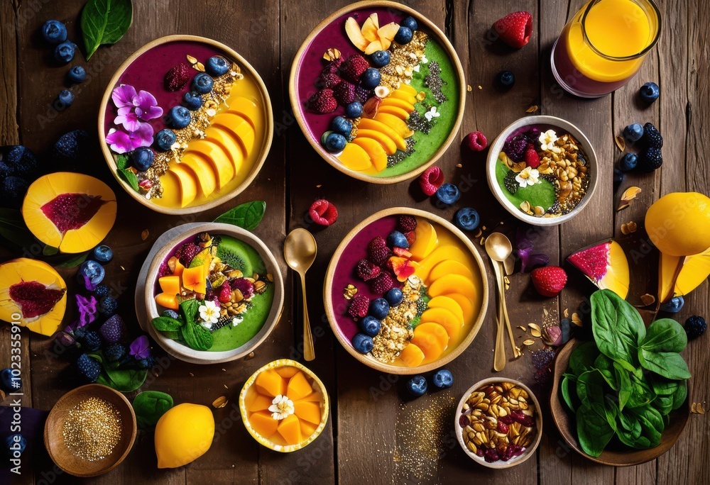 colorful vibrant smoothie bowls arranged bright toppings including edible flowers rustic table, fruit, display, arrangement, seed, healthy, breakfast, snack colorful vibrant smoothie bowls arranged bright toppings including edible flowers rustic table, fruit, display, arrangement, seed, healthy, breakfast, snack