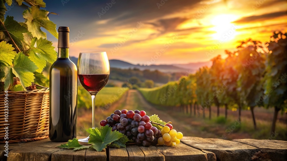 Fototapeta premium Grapes growing in vineyard at sunset with wine bottle, glass, and vines in background