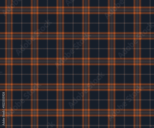 Plaid fabric pattern, navy blue, orange, striking modern luxury seamless for textiles, and for designing clothes, skirts, pants or decorative fabrics. Vector illustration.