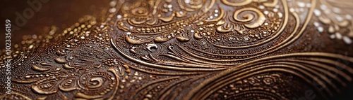 Close-up of ornate leather design showcasing intricate patterns and textures with a rich brown hue.