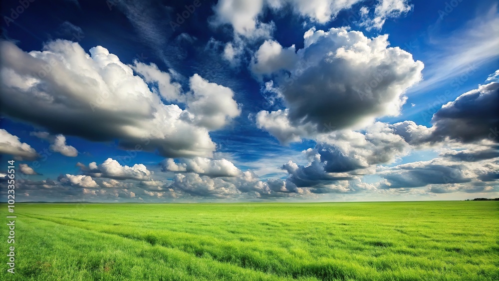 Obraz premium Grass field under a blue sky with dense clouds and sun