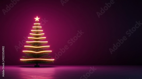 Neon yellow Christmas tree lights glowing on a dark magenta background futuristic holiday scene with space for text 