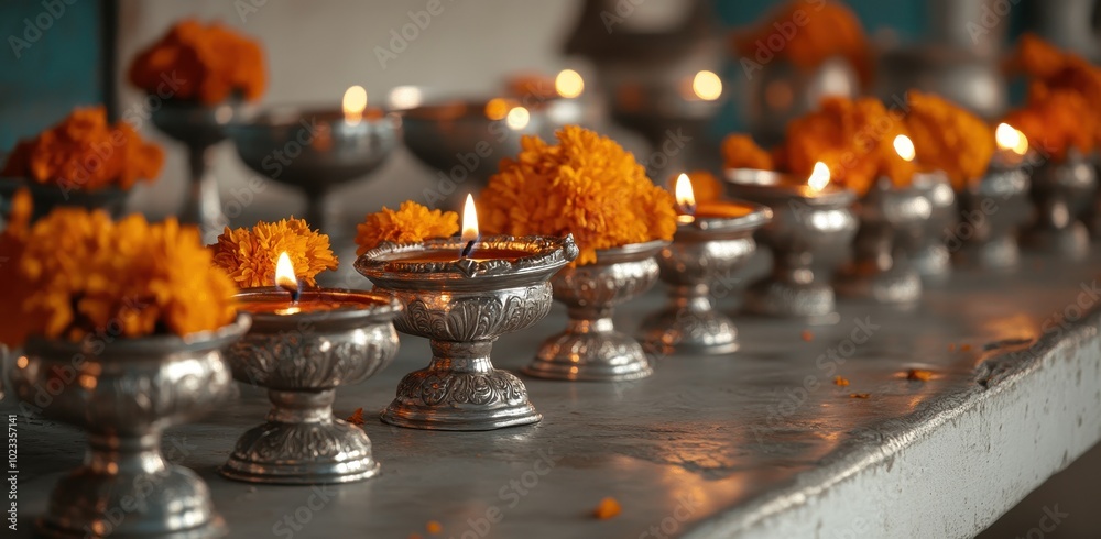 Silver Oil Lamps with Orange Flowers and Flames Silver Oil Lamps with Orange Flowers and Flames