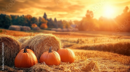 traditional harvest setting, with golden haystacks and pumpkins,  soft glow over a rural landscape