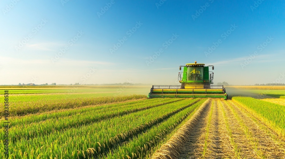 Large green rice field in the process of being harvested by a combine harvester under clear skies. Ideal for agriculture, food production, and sustainable farming.