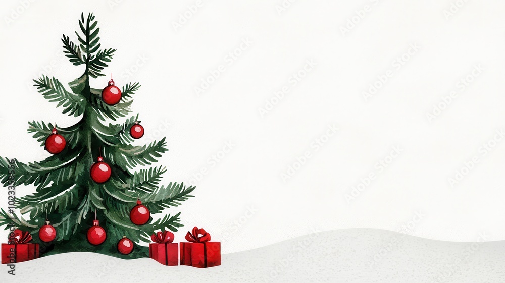 A festive Christmas tree with red ornaments and presents, set against a light background, evoking holiday cheer and warmth. A festive Christmas tree with red ornaments and presents, set against a light background, evoking holiday cheer and warmth.