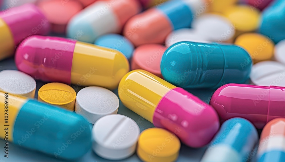A collection of colorful medical pills scattered on a table, symbolizing medication and pharmaceutical treatments A collection of colorful medical pills scattered on a table, symbolizing medication and pharmaceutical treatments