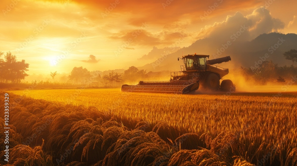Fototapeta premium Modern rice harvester working in a golden rice field during sunset. Ideal for agriculture, farming technology, and rural life themes.