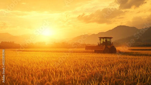 Modern rice harvester working in a golden rice field during sunset. Ideal for agriculture, farming technology, and rural life themes.