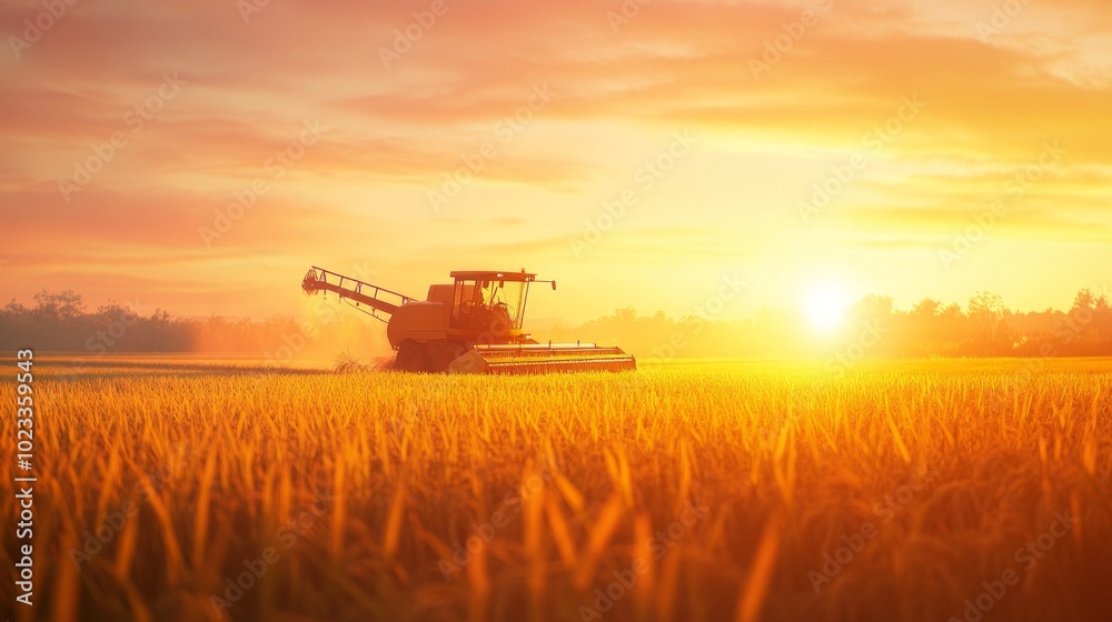 Fototapeta premium Modern rice harvester working in a golden rice field during sunset. Ideal for agriculture, farming technology, and rural life themes.
