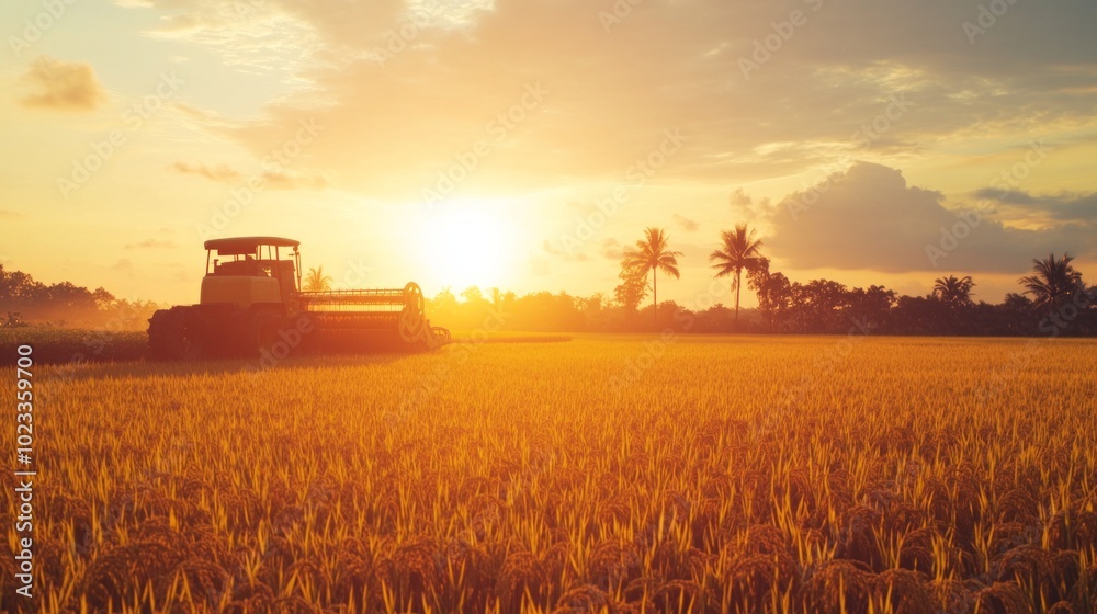 Obraz premium Modern rice harvester working in a golden rice field during sunset. Ideal for agriculture, farming technology, and rural life themes.