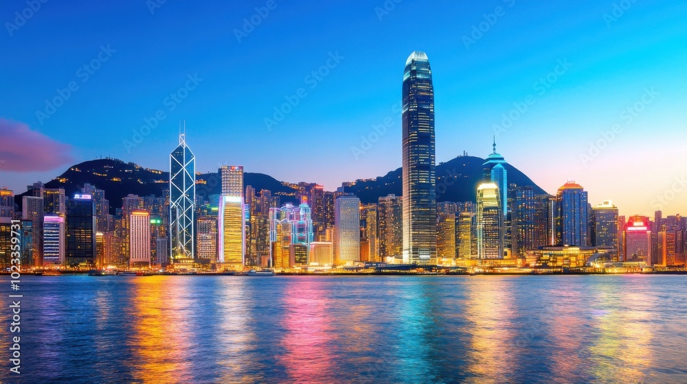 Naklejka premium City skyline at dusk showcasing vibrant lights and towering skyscrapers. Travel and holiday.