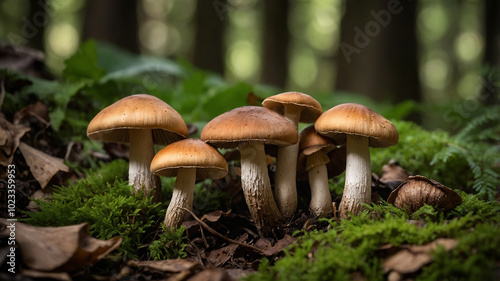 Cluster of brown mushrooms growing on lush green moss in a serene forest environment during daytime