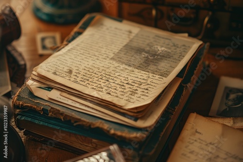 Vintage letters and old photographs on antique desk