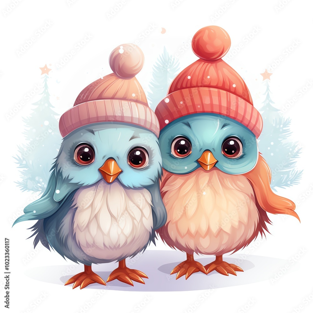 Fototapeta premium Two adorable cartoon birds wearing colorful winter hats, perfect for seasonal decorations and children's themes.
