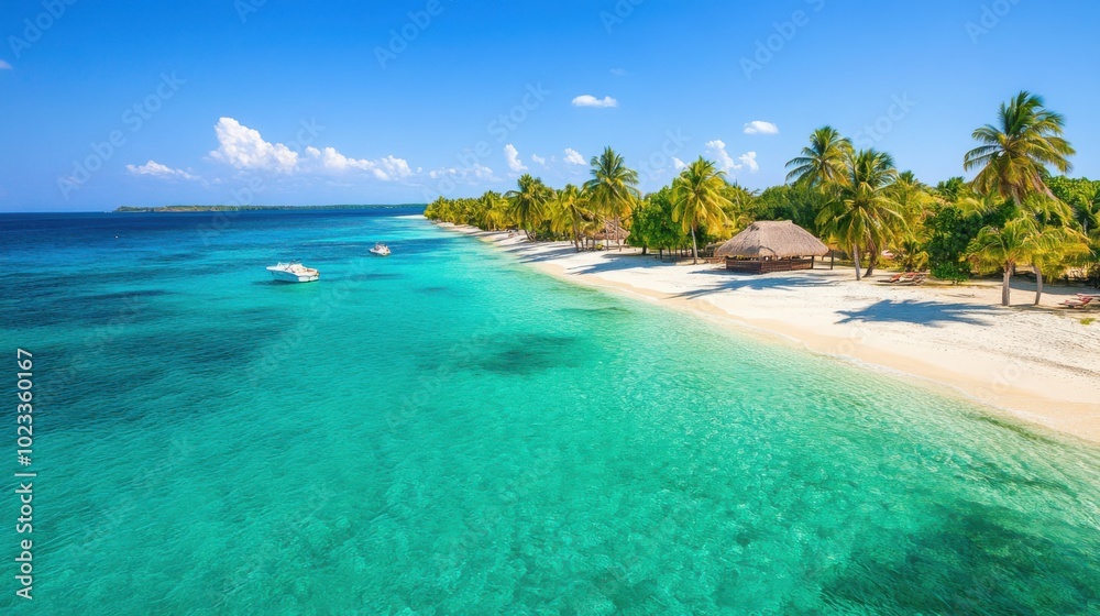 Fototapeta premium Tropical beach with crystal clear water and palm trees under a bright blue sky. Travel and holiday.