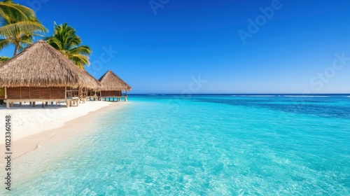 Tropical beach with clear waters, palm trees, and thatched huts on a sunny day. Travel and holiday.