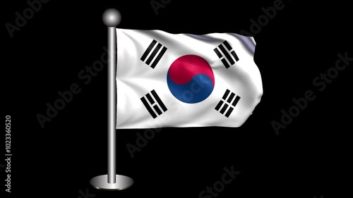 South Korea Flag Waving on 3D Flagpole