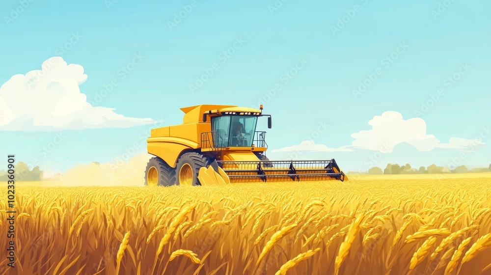 Fototapeta premium Rice farming in a traditional landscape with modern harvesting equipment. Perfect for the balance of tradition and technology in agricultural development. 