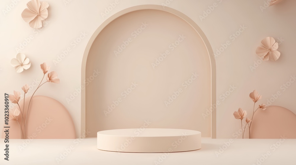 3D podium on a clean, minimal background with delicate geometric flower patterns surrounding the base 3D podium on a clean, minimal background with delicate geometric flower patterns surrounding the base