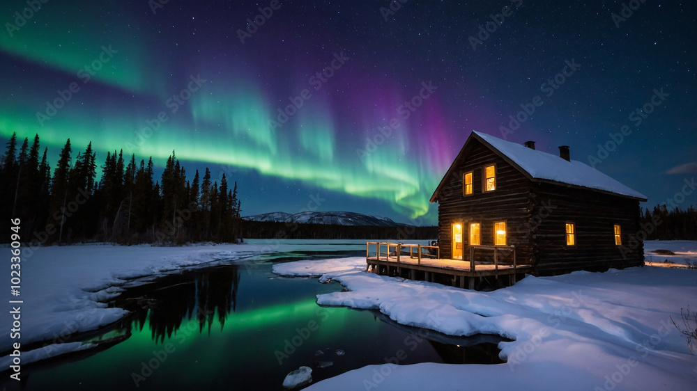 Fototapeta premium Cozy cabin illuminated under vibrant northern lights in snowy landscape, serene atmosphere captured.