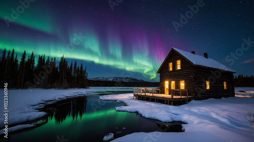 Cozy cabin illuminated under vibrant northern lights in snowy landscape, serene atmosphere captured.