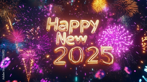 Happy New Year 2025 crafted from shimmering gold neon lights, surrounded by colorful fireworks.