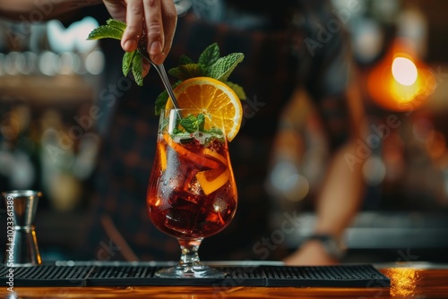 Bartender preparing refreshing citrus cocktail with mint garnish photo