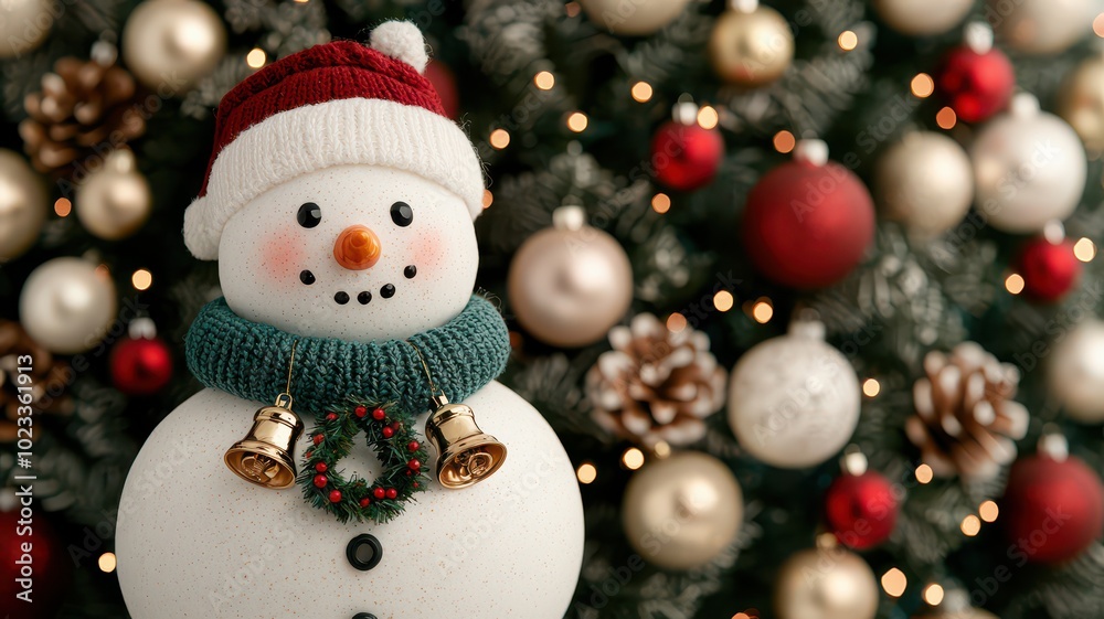 A cheerful snowman with a red hat and green scarf stands in front of a beautifully decorated Christmas tree, adorned with ornaments and twinkling lights. A cheerful snowman with a red hat and green scarf stands in front of a beautifully decorated Christmas tree, adorned with ornaments and twinkling lights.