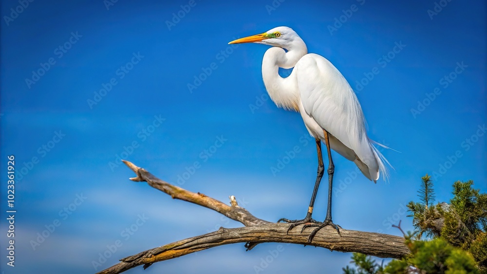 Great Egret perched on a limb against blue sky background Great Egret perched on a limb against blue sky background