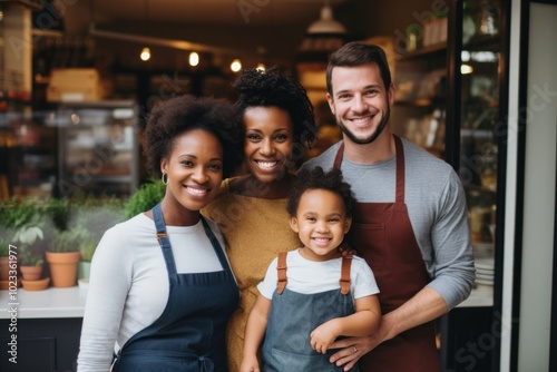 Cheerful small business diverse owners standing and smiling in front of their shop portrait adult child.
