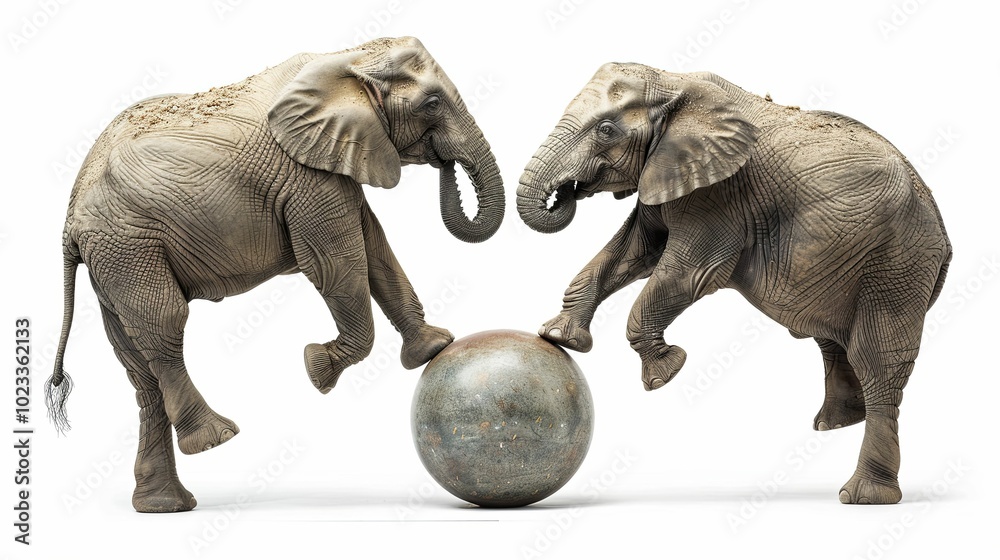 Two African Elephants Balancing a Ball with Their Feet Two African Elephants Balancing a Ball with Their Feet