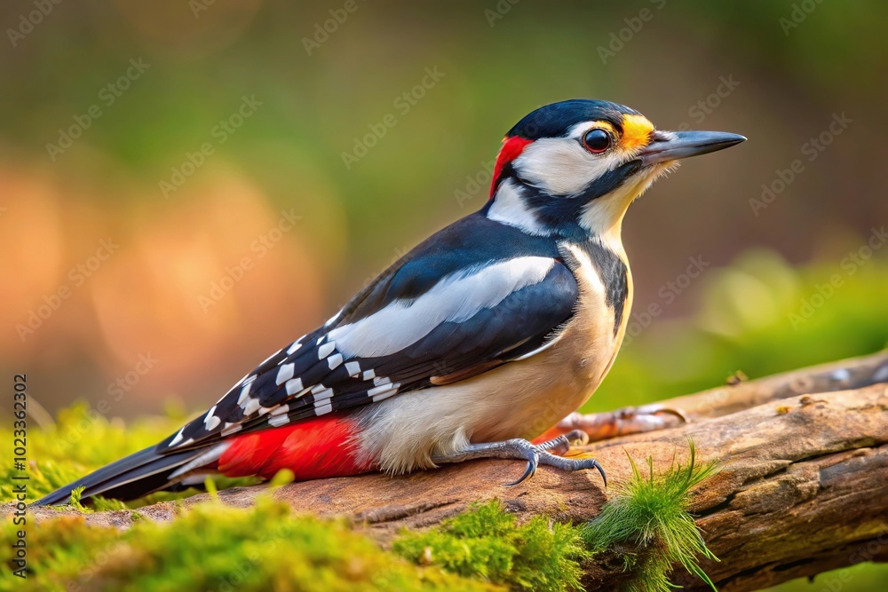 Naklejka premium Great spotted woodpecker perched on branch. High angle view