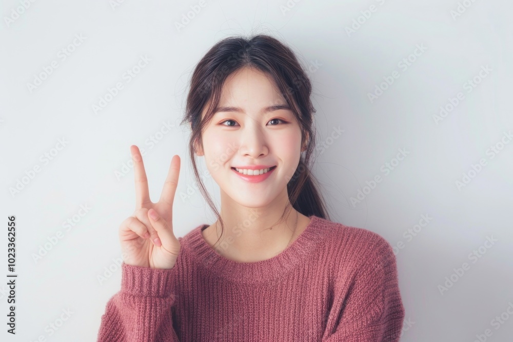Person making a peace sign portrait cheerful finger. Person making a peace sign portrait cheerful finger.