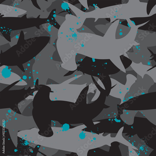 Seamless hammerhead shark silhouette pattern with black and gray sharks with teal splatters on a dark gray background.