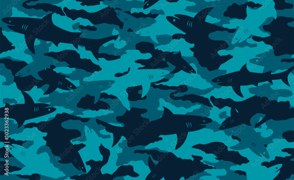 Seamless navy blue and teal camouflage pattern with shark silhouettes. Sea creature camo background print. Seamless navy blue and teal camouflage pattern with shark silhouettes. Sea creature camo background print.