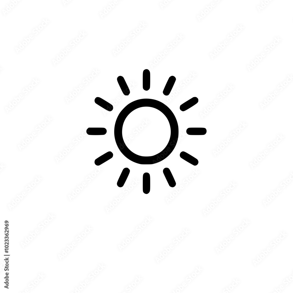 A simple black sun icon with rays extending outward, depicted against a plain white background. A simple black sun icon with rays extending outward, depicted against a plain white background.