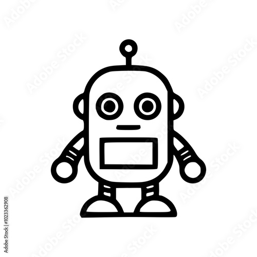 Black and white outline of a cartoon robot with simple features and a friendly expression, featuring large circular eyes and a rectangular body.
