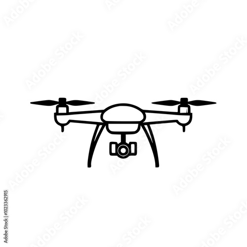 Minimalist black and white outline of a quadcopter drone with a camera, showcasing its structure and features against a clear white background.