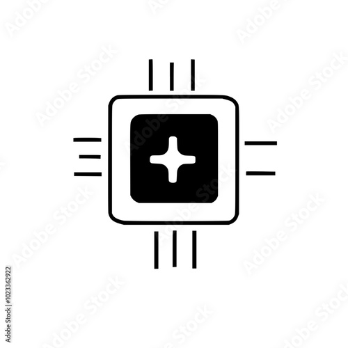 Minimalist black and white computer chip icon with a plus symbol at its center.