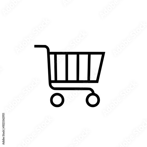 Minimalist shopping cart icon in black outline on a white background, symbolizing online shopping, retail, and commerce activities. photo