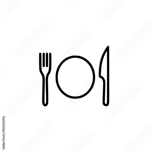 Minimalistic black and white icon of a dining setting with a fork, plate, and knife, symbolizing food and dining concepts in a clean, simple design.