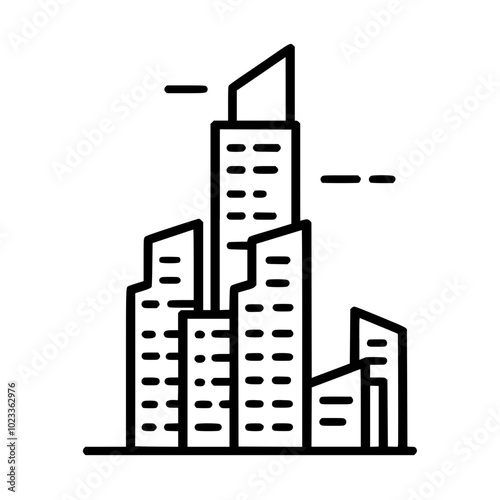 Minimalist black and white icon of a modern city skyline with tall skyscrapers, illustrating urban development and architecture.