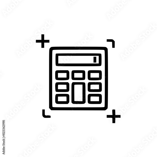 Minimalistic line drawing of a calculator icon, depicting basic arithmetic function capabilities within a bordered outline on a plain white background.
