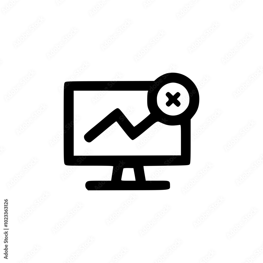 Black and white icon of a computer monitor displaying a declining graph with a cross mark, symbolizing data error or technological failure. Black and white icon of a computer monitor displaying a declining graph with a cross mark, symbolizing data error or technological failure.