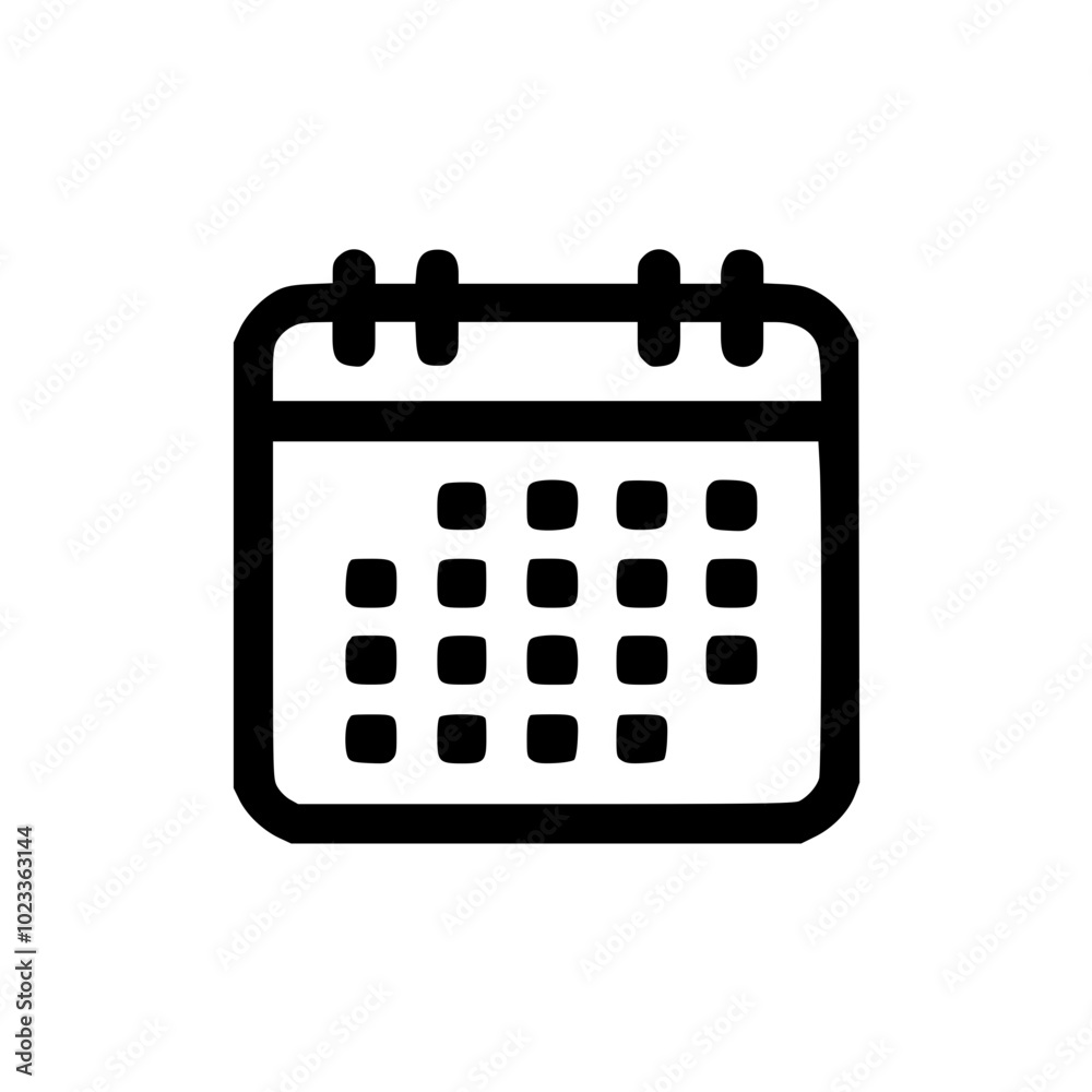 Simple black and white calendar icon with a grid design, representing time management and organization, set against a white background. Simple black and white calendar icon with a grid design, representing time management and organization, set against a white background.