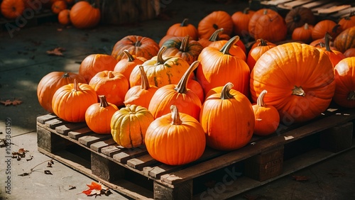 A colorful assortment of pumpkins on a weathered wooden pallet photo