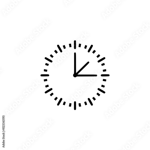 Minimalist black and white clock icon with simple dotted markers and two hands on a clean background.
